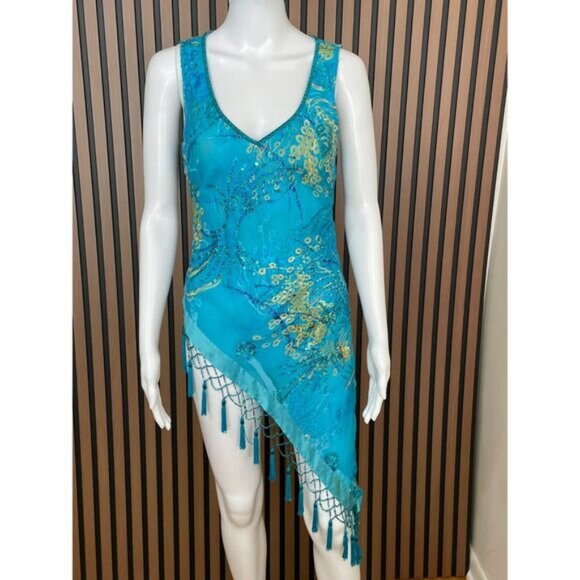 Cache Women's Dress Asymmetrical Fringe Vintage Y2k Sequin Silk 6 Blue - Picture 1 of 8